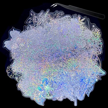 200 Pcs Holographic Glitter Butterfly Stickers + 1 Craft Tweezer Waterproof Flower Shiny Adhesive Stickers Transparent Decorative Decals for Scrapbooking Journal Planner Water Bottle Laptop Phone