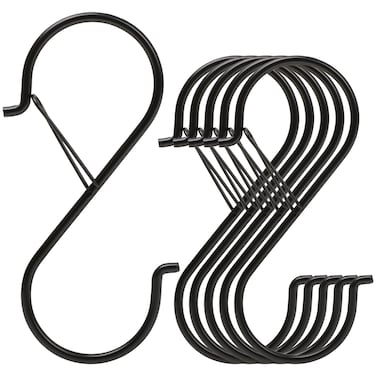 Ansxiy 6 Pack 5 Inch S Hooks for Hanging, Heavy Duty S Hooks with Safety Buckle, S Shape Hooks for Hanging Kitchen Utensils, Pots and Pans, Cups, Plants, Clothes and Bags, Black