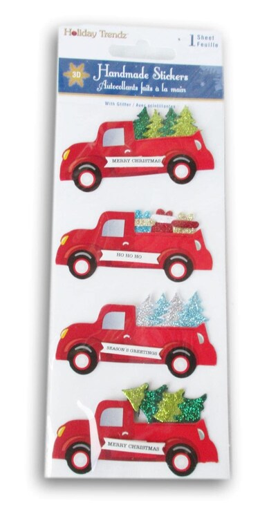 Red Truck Stickers Carrying Christmas Trees - Cards, Crafts &amp; Scrapbooks -Layered 3D Handmade 4 Pieces