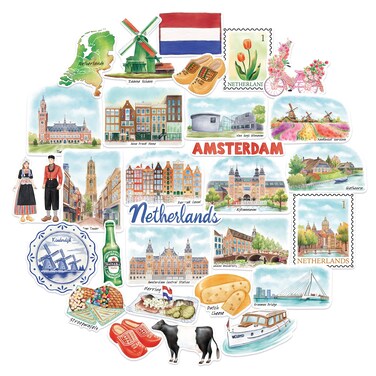 Navy Peony Artistic Netherlands Travel Stickers (29pcs) - Watercolor, Holland, Dutch-Themed Vacation Decals for Journals, Scrapbooks, Water Bottles
