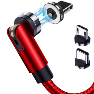 Terasako Magnetic Charging Cable 5-Pack (3/3/6/6/10FT) - 540&Acirc;&deg; Rotating Magnetic Phone Charger Cable with LED Light - 90&Acirc;&deg; Angle Connector, Nylon-Braided Cords (Red)