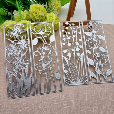4 Pieces Background Flower Frame Metal Cutting Dies 3D Rectangle Flower Dies Flower Leaves Shape Embossing Scrapbooking Dies Cuts Stencil for DIY Scrapbooking Bookmark Album Decoration Card Making