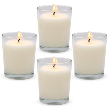 4 Packs Unscented White Votive Candles in Glass, 2 Inch Natural Soy Wax Scentless Candles for Christmas Wedding Party Home Decor Holidays Relaxation Spa, 12-15 Hour Burning Time
