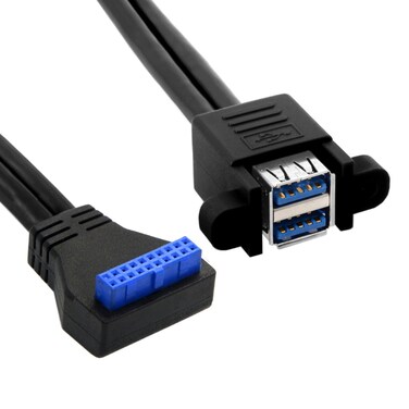 CY Cable Stackable USB 3.0 Female Panel Type to Motherboard 90 Degree Angled 20Pin Header Cable Dual Ports 50cm