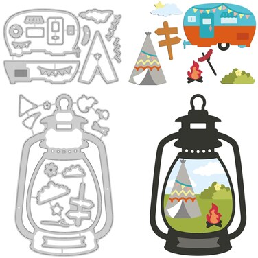 GLOBLELAND Camping Metal Cutting Dies Lights and Tents Die Cuts for DIY Scrapbooking Festival Birthday Wedding Cards Making Album Envelope Decoration,Matte Platinum