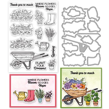 INFUNLY 2pcs Spring Flowers Stamp and Dies for Card Making Inspirational Word Clear Stamp Garden Die Cuts Potted Plant Rubber Stamps Spray Bottle Cutting Die for Scrapbooking Embossing Album DIY Craft