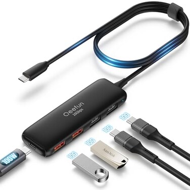 Qeefun USB C Hub 10Gbps, USB 3.2 Hub with 2 USB-C and 2 USB-A Ports, USB 3.2 Gen 2 Splitter with 100W Power Charging Port, USB Port Extender for iPhone, MacBook Air/Pro, Laptops, iPad Pro and More