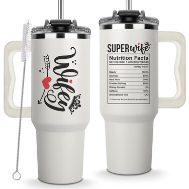 Valentine Gifts for Wife, Present Ideas for Wifey Her, Cool Wedding Coffee Cup, Tumbler 40Oz with Straw and Handle, Drinking Mug for Women, Gift on Birthday Anniversary Mothers Day from Husband