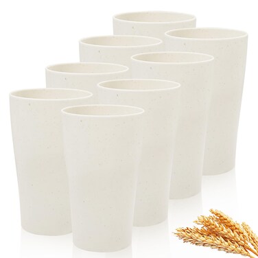 EI 8pcs Wheat Straw Cups,Beige Plastic Reusable Cups,Unbreakable Plastic Tumbler Cups,Cups for Kitchen,Dishwasher Safe Water Plastic Glasses,Drinking Glasses for Water, Coffee, Juice, Tea