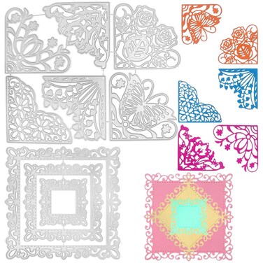 9 pcs Die Cuts for Card Making, lyfLux 3 Pcs Skeleton Square Frame Cutting Dies, 6 pcs Metal Corner Lace Die Cuts, Flowers, Butterflies, Embossing Template for Scrapbooking, Cutting Dies Sets