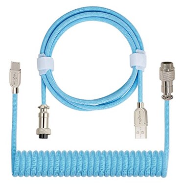 Twozoh USB C Gaming Keyboard Coiled Cable, Double Sleeved Mechanical Detachable Metal Aviator Keyboard Cable (Blue)