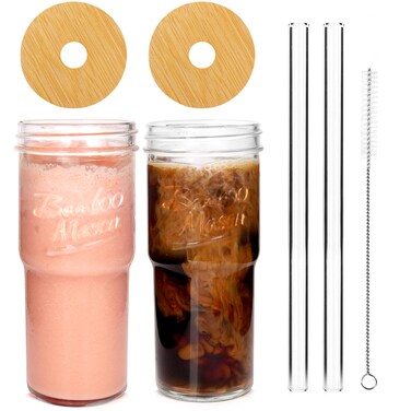 ANOTION Colored Glass Cups with Lids and Straws - 24oz Travel Coffee Mug Wide Mouth Mason Jar Iced Coffee Cup Smoothie Cup Glass Tumbler Tea Cup Clear Cute Water Cups Colorful Drinking Glasses