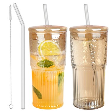 Glass Cups with Lids and Straws, Amber 20 OZ Iced Water Glasses Tumblers for Ice Juice, Tea, Milk, Smoothie and Cold or Hot Drinks, Set of 2