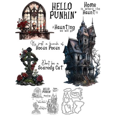Gothic Castle and Skull Grave Happy Halloween Clear Stamps and Metal Cutting Dies Set with Plastic Envelope Box for Card Making DIY Halloween Decor Albums Crafts Scrapbooking Supplies