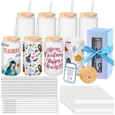 MAFYE Sublimation Glass Blanks With Bamboo Lid, 16OZ Frosted Sublimation Beer Can Glass with Glass Straws Gift Box Mason Jar Cups Mug Travel Tumbler for Beer, Juice, Soda, Iced Coffee, Drinks(8 PACK)