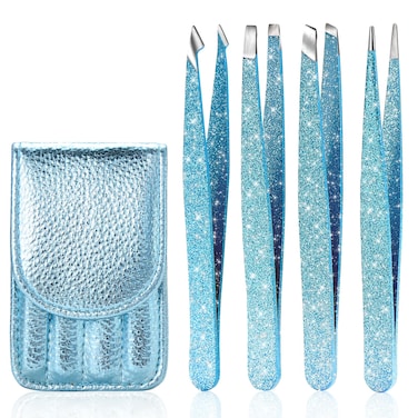 FungChoi Eyebrow Tweezer Set, 4-Pcs Professional Stainless Steel Tweezers for Men and Women, Precision for Eyebrows, Ingrown Hair, Facial Hair, Lash Extension (Cyan)