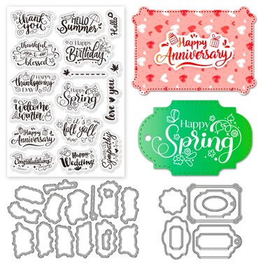 INFUNLY 3pcs Word Stamps and Dies for Card Making Blessing Words Cutting Die and Stamp Set Happy Spring Clear Stamps Label Die Cuts Happy Wedding Silicone Stamp for DIY Scrapbooking Photo Album Craft