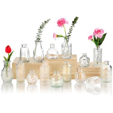 Glass Bud Vase 15 Pcs for Centerpieces Wedding,Home Decor,Bud Vases in Bulk for Flowers,Small Vases for Christmas,Birthday Party,Wedding,Valentine's Day,Mother's Day,Other Events Decorations(Clear)