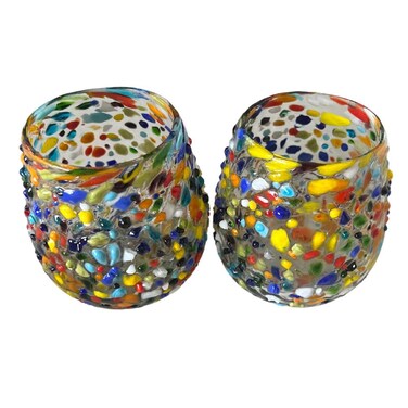 Artisanal Mexican Confetti Glass, Handblown 16 oz Tumbler Glasses &acirc;&euro;&ldquo; 4"x4" Multicolor Granizado Design &acirc;&euro;&ldquo; Versatile Drinkware for Wine, Cocktails, Water, and More (2, Textured)