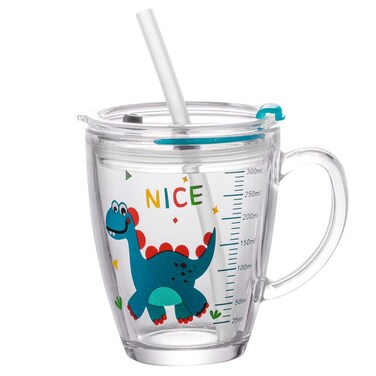 XGOPTS Kids Glass Tumbler Milk Cup with Straw and Lid Handle Cartoon Drinking Cups Glass Coffee Mugs 10 oz/ 300ML Water Mug with Scale Juice and Drinking Mug Cute Milk Juice Wall Insulated Glass Cups