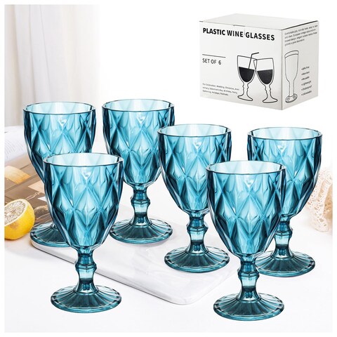 Vintage Wine Glasses Set of 6, Plastic Reusable 12 Ounce Colored Water Goblets, Unique Embossed Pattern Unbreakable Stemmed Wine Glasses High Clear Wedding Party Bar Drinking Cups Blue