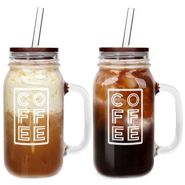 ANOTION Mason Jar Iced Coffee Cup with Handle, 24oz Regular Mouth Mason Jars with Lid and Straw Glass Coffee Drinking Glasses Tumbler Reusable Cups Bottles for Travel Office Home