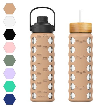 MUKOKO 24oz Glass Water Bottle with 2 Lids-Handle Flip Lid&amp;Bamboo Straw Lid,Motivational Water Tumbler with Time Marker Reminder and Silicone Sleeve, Leakproof-Amber
