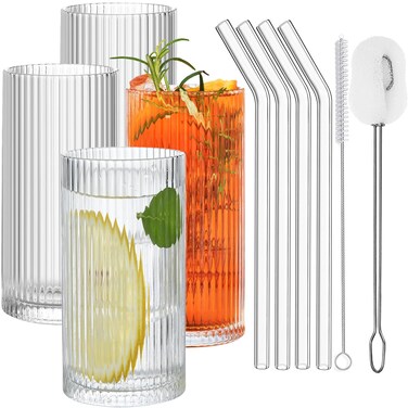 ALINK Glass Cups with Straws, 12 OZ Ribbed Glassware Drinking Glasses Set of 4, Fluted Iced Coffee Cups, Origami Style Ridged Tumbler for Coocktail, Whiskey, Beer - 2 Brush