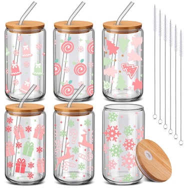 RimCereal 6 Pcs Christmas Cup Bulk 16 oz Pastel Christmas Mug Cute Christmas Gifts Winter Snowflake Deer Iced Coffee Can Tumbler with Straw and Bamboo Lid Christmas Stuff for Women Men