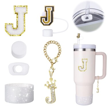 Mity rain 6pcs Cup Accessories Set for Stanley Cup 30 oz 40 oz Tumbler with Handle, Including Straw Cover Cap, Cup Initials Charm, Sticker, Silicone Boot, Round and Square Spill Proof Stopper,Letter J