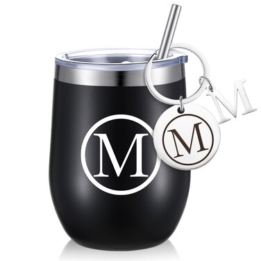 Dandat Personalized Wine Tumbler Cup Gifts with Personalized Keychain 12oz Black Stainless Steel Travel Initial Mug with Lid Straw for New Year Valentine's Day Family Coworker Birthday Gifts(M Style)