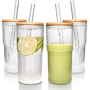 ANOTION Glass Cups - 22 oz Iced Coffee Cups Drinking Glasses Iced Coffee Cup Reusable Smoothie Cup Glass Tumbler Water Glasses Ribbed Glassware Work from Home Essentials Travel Coffee Mug Drinking Set
