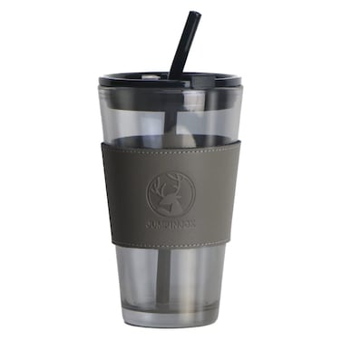 JUMPINJOK 15oz Glass Coffee Tumbler with Straw and Lid Sealed Carry on, Glass Iced Coffee Cup, Leak-Proof Glass Tumbler Cup, Reusable Smoothie Mugs for Cold &amp; Hot Drinks, Coffee, Tea, Shake (Grey)