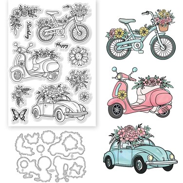 GLOBLELAND 2Pcs Vehicle and Flower Clear Stamps and Cutting Dies Motorcycle Bicycle Flowers Silicone Clear Stamps Cards and Metal Die Cuts for Card Making and DIY Embossing Scrapbooking
