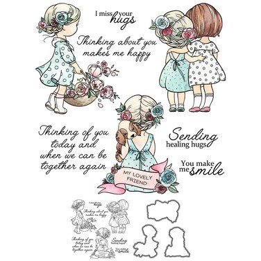 Lovely Girls Friends Great Friendship Clear Stamps and Metal Cutting Dies Set with Plastic Envelope Box for Card Making DIY Albums Crafts Decor Scrapbooking Supplies Silicone Stamps Knife Mold