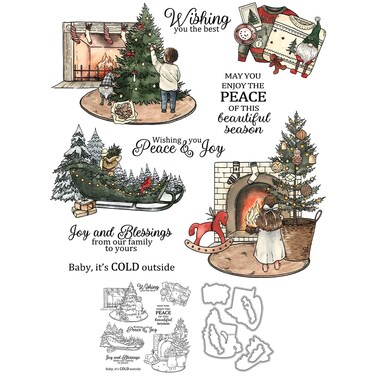 YIXUAN Winter warm House Kids Christmas Tree Clear Stamps And Metal Cutting Dies Set With Plastic Envelope Box For Card Making DIY Scrapbooking Supplies Silicone Stamp Knife Mold For Xmas Crafts Decor
