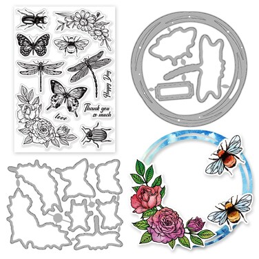 INFUNLY 3PCS Butterfly Stamp and Die Set Dragonfly Bee Transparent Silicone Stamp Frame Cutting Dies Flower Beetles Clear Stamp and Die Cuts Embossing Stencil for Card Making DIY Scrapbooking Album