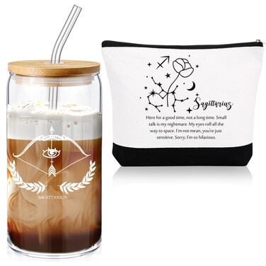Sliner Sagittarius 16 oz Tumbler Set with Lids &amp; Straws, 2pcs &amp; Cosmetic Bag, Zodiac Signs Gift for Women, Floral Design, Birthday, Valentine's Day Gift for Daughter Mom