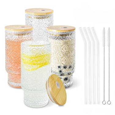 Icesip 13 oz Drinking Glasses Set of 4 with Bamboo Lids Straws Hobnail Boho Glassware Set Vintage Glass Cups Embossed Iced Coffee Cup for Beer Cocktail Beverage(Hobnail)