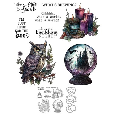 Magic Crystal Ball Owl and Candles Happy Halloween Clear Stamps and Metal Cutting Dies Set with Plastic Envelope Box for Card Making DIY Scrapbooking Suppies for Halloween Albums Crafts