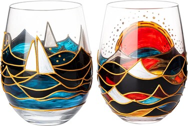 Vincent Van Gogh Artisanal Hand Painted Wine Glasses, Stemless Set of 2 Tumblers - Artistic Gift Idea for Her, Him, Birthday, Housewarming - Extra Large Goblets (18.5 OZ) - Gifts for Artists &amp; Friends