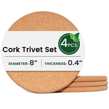 KITWILD High Density 8 Inch Thick Cork Trivets for Hot Dishes, Plates, and Kitchen Countertops, Fine Particle Heat Resistant Round Cork Coaster, Cork Placemats Cork Pads for Hot Pots and Pans, 4 Pcs