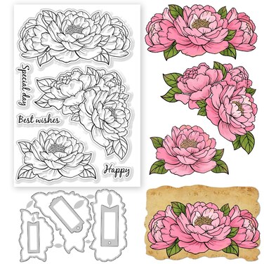 GLOBLELAND Peony Flower Clear Stamps and Cutting Dies Peony Flower Silicone Clear Stamps Cards and Metal Die Cuts for Card Making and DIY Embossing Scrapbooking