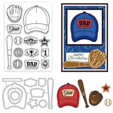 GLOBLELAND Baseball Theme Clear Stamps and Die Cuts Baseball Cap Gloves Bat Silicone Stamp Cards and Metal Cutting Die for Card Making and DIY Embossing Scrapbooking