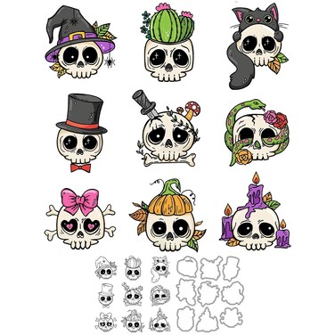 Cute Cartoon Skulls Happy Halloween Clear Stamps and Metal Cutting Dies Set with Package Envelope Box for Card Making DIY Scrapbooking Supplies Silicone Stamps Knife Mold for Albums Crafts Decor