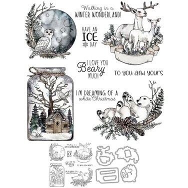 YIXUAN 2023 Winter Cute Animals Deer Birds Clear Stamps And Metal Cutting Dies Set With Plastic Envelope Box For Card Making DIY Scrapbooking Supplies Silicone Stamp Knife Mold For Albums Crafts Decor