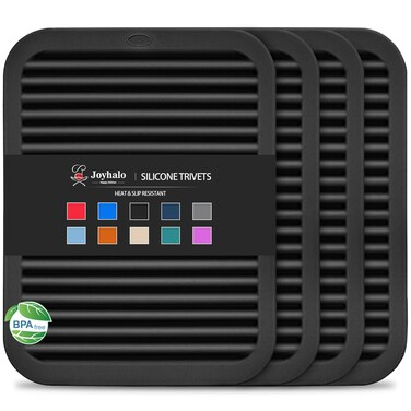 Joyhalo 4 Pack Trivets for Hot Dishes - Hot Pads for Kitchen 9'' x 12'', Silicone Trivets for Hot Pots and Pans, Hot Plates to Protect Table, Quartz Countertops Heat Resistance to 480&Acirc;&deg;F, Black