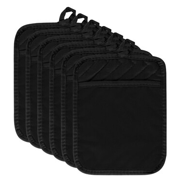 R HORSE 6Pcs Pot Holder with Pocket for Kitchen Black Pot Holders Set Cotton Heat Resistant Potholder Terry Cloth Coaster Hot Pad Oven Mitts Trivet for Baking Cooking 7''x9''