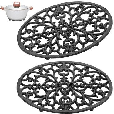 Sumnacon 2Pcs Oval Cast Iron Trivet - Antique Heat Resistant Metal Trivet for Hot Dish Pot Pan Teapot, Vintage Well Made Hot Plate Pad for Kitchen Dining Countertop Table
