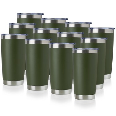 DOMICARE 20oz Stainless Steel Tumbler Bulk with Lid, Double Wall Vacuum Insulated Travel Mug, Powder Coated Coffee Cup (Army Green, 12)